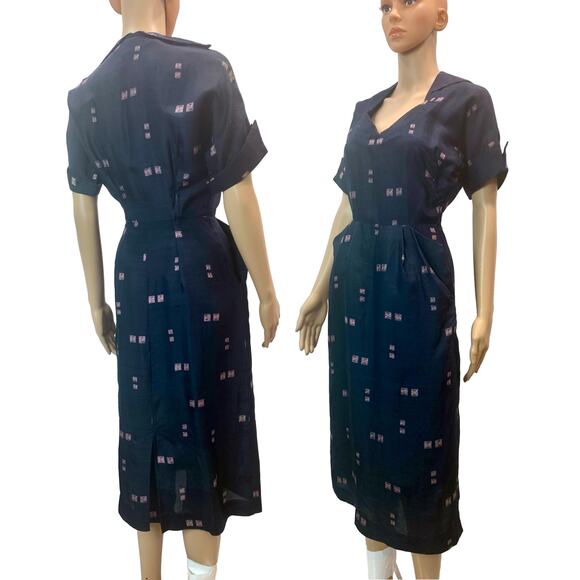 Vintage 1940s Navy Silk Dress – WWII Era Day Dress with Atomic Print - Picture 1 of 10